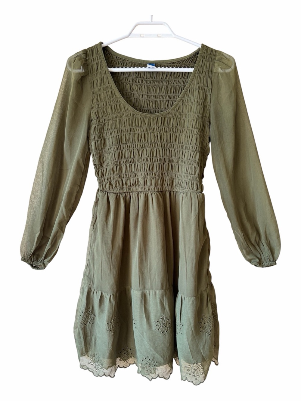 Old Navy Olive Green Babydoll Dress Eyelet Embroidery Fairycore Cottagecore Boho
